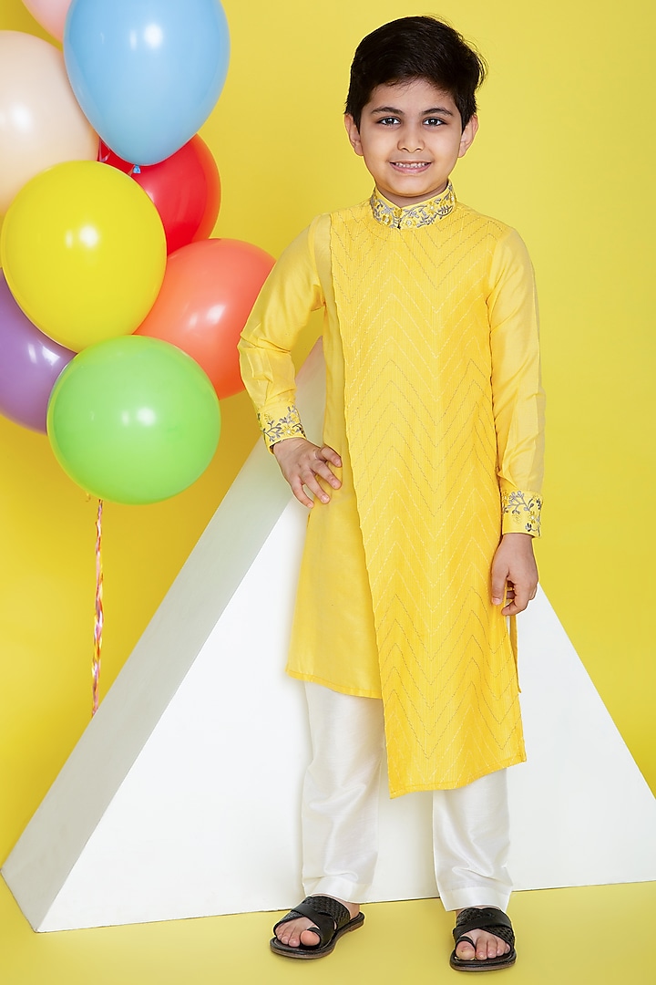 Yellow Cotton Silk Draped Kurta Set For Boys by Little Boys Closet