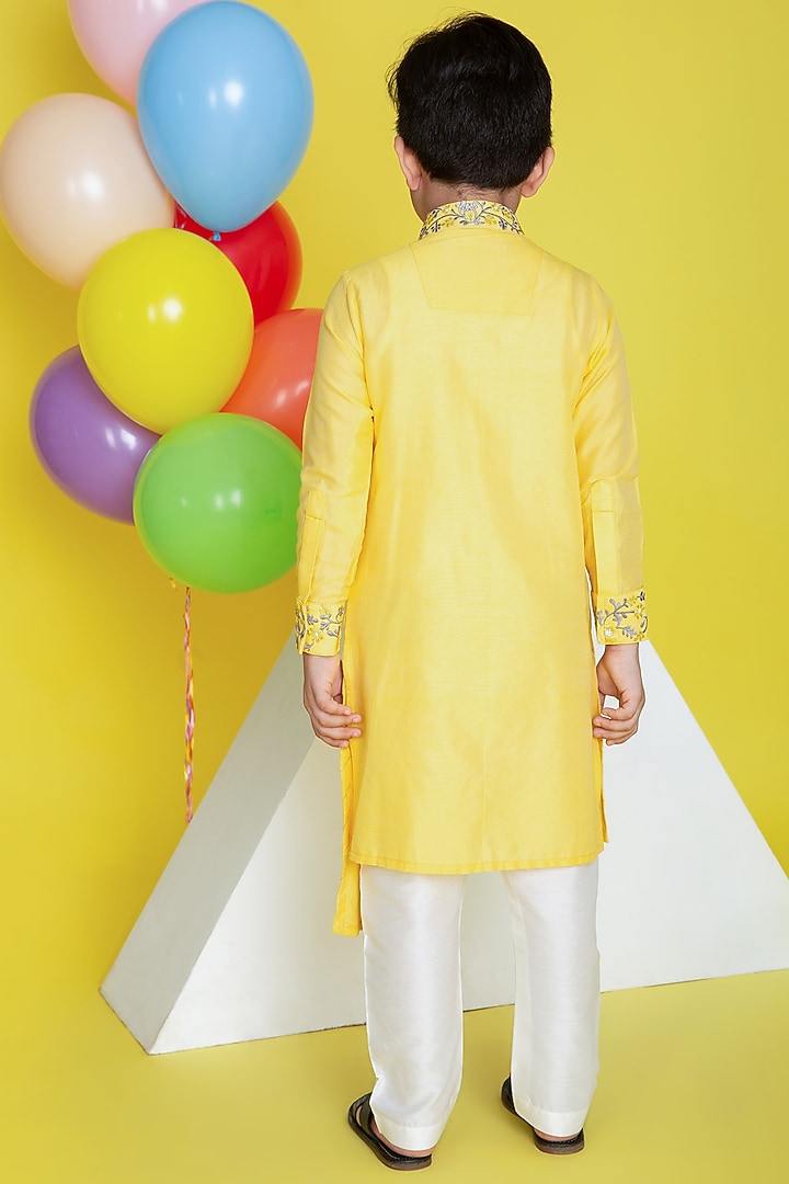 Yellow Cotton Silk Draped Kurta Set For Boys by Little Boys Closet at Pernia's Pop Up Shop