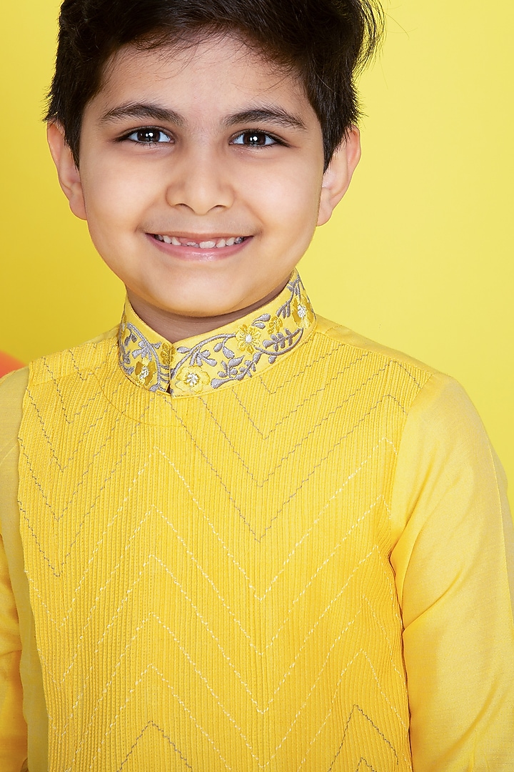 Yellow Cotton Silk Draped Kurta Set For Boys by Little Boys Closet at Pernia's Pop Up Shop