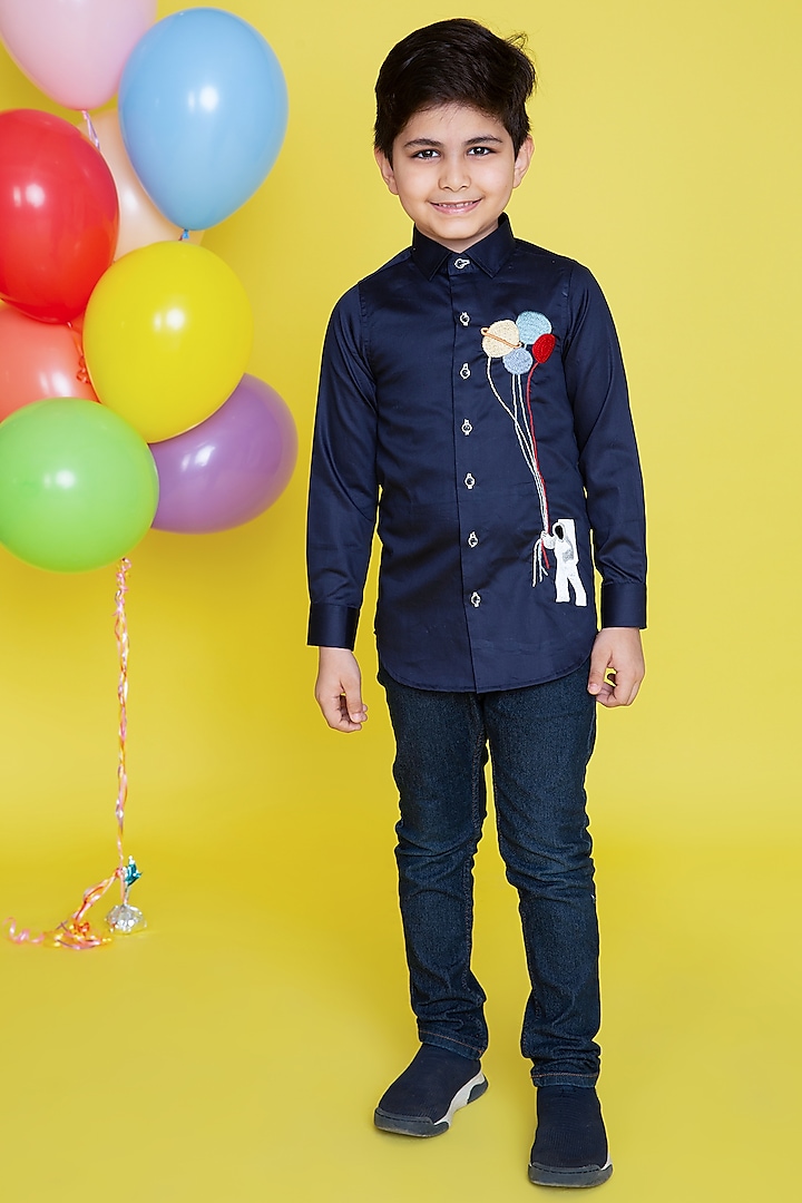 Navy Blue Cotton Embroidered Shirt For Boys by Little Boys Closet