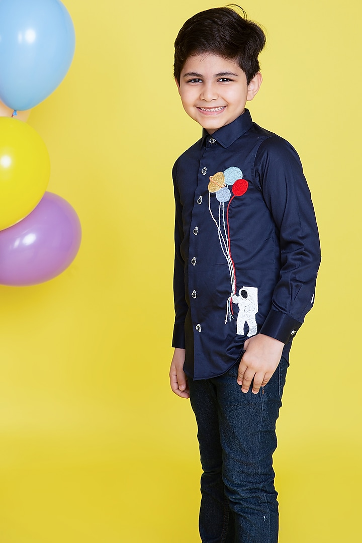 Navy Blue Cotton Embroidered Shirt For Boys by Little Boys Closet at Pernia's Pop Up Shop