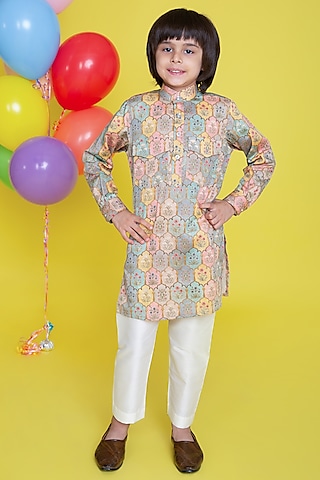 Multi-Colored Cotton Printed Kurta Set For Boys by Little Boys Closet
