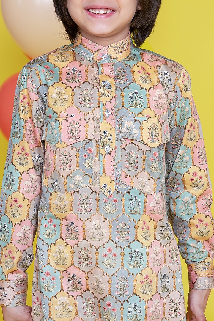 Multi-Colored Cotton Printed Kurta Set For Boys by Little Boys Closet at Pernia's Pop Up Shop