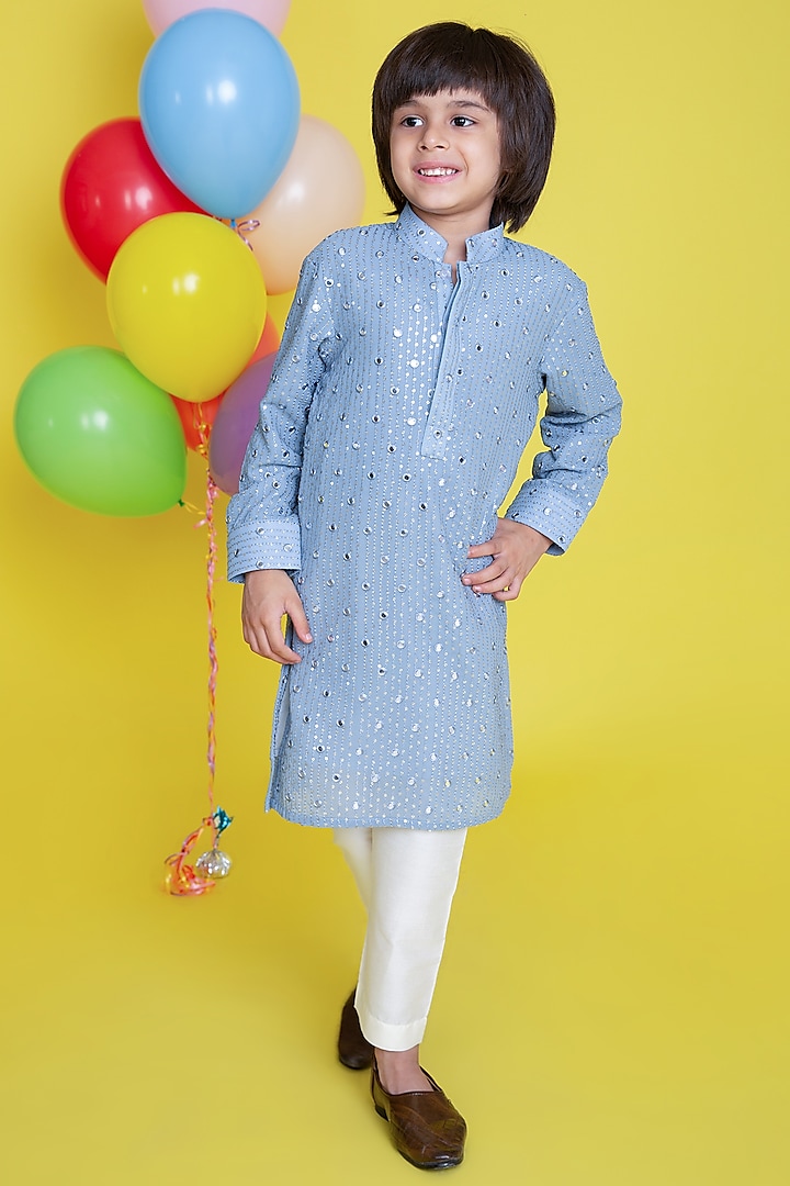 Blue Georgette Embroidered Kurta Set For Boys by Little Boys Closet