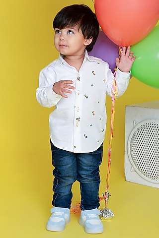 White Cotton Printed Shirt For Boys by Little Boys Closet