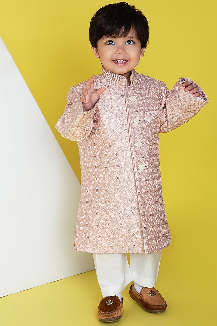 Pink Silk Embroidered Sherwani Set For Boys by Little Boys Closet