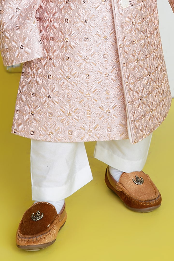 Pink Silk Embroidered Sherwani Set For Boys by Little Boys Closet at Pernia's Pop Up Shop