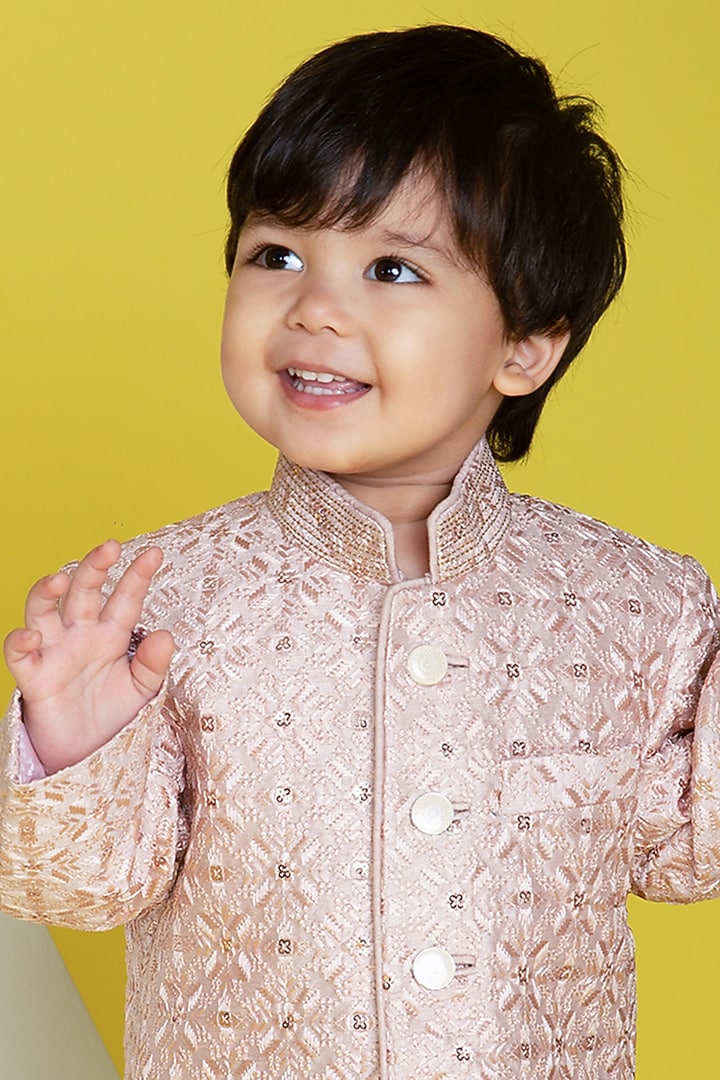 Pink Silk Embroidered Sherwani Set For Boys by Little Boys Closet at Pernia's Pop Up Shop