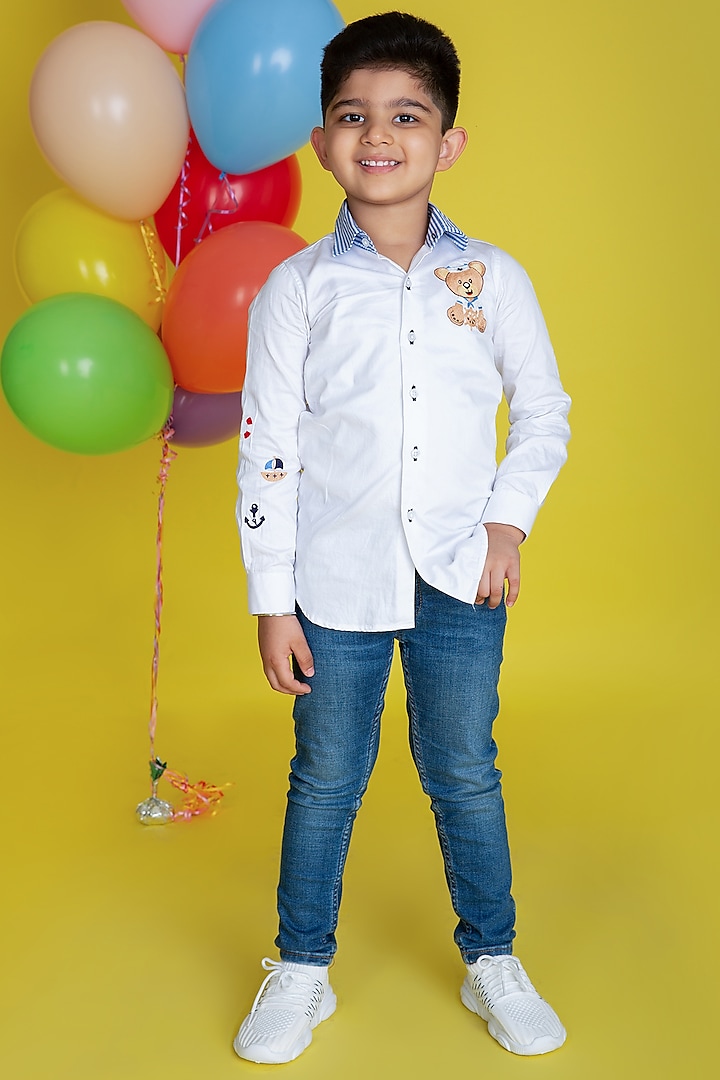 White Cotton Motifs Embroidered Shirt For Boys by Little Boys Closet
