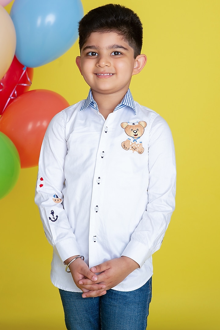 White Cotton Motifs Embroidered Shirt For Boys by Little Boys Closet at Pernia's Pop Up Shop