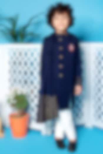 Navy Blue Embroidered Angrakha Indo-Western Jacket Set For Boys by Little Boys Closet