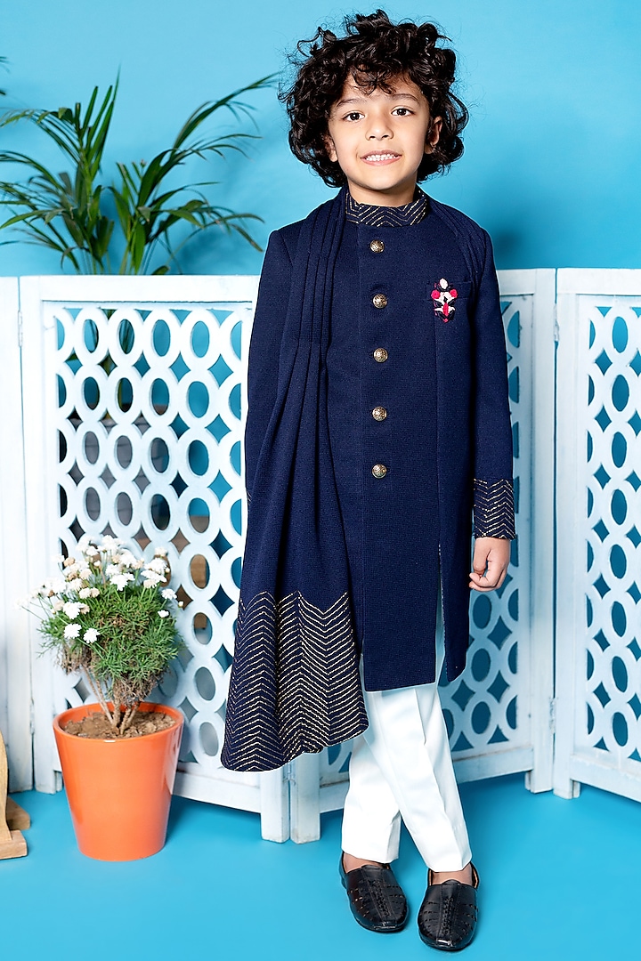 Navy Blue Embroidered Angrakha Indo-Western Jacket Set For Boys by Little Boys Closet