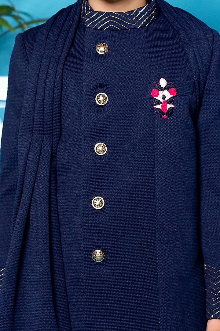 Navy Blue Poly Wool Embroidered Sherwani Set For Boys by Little Boys Closet at Pernia's Pop Up Shop