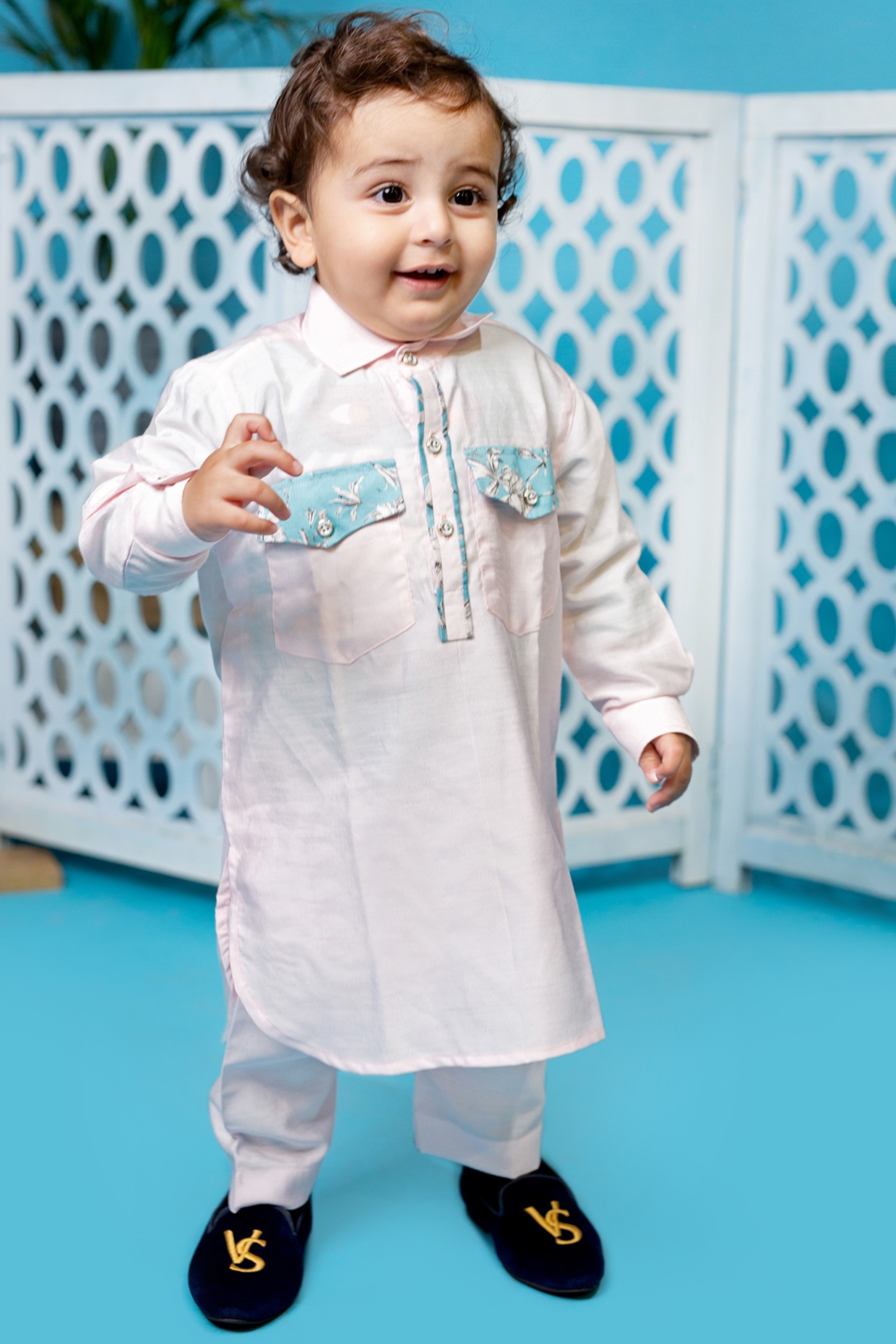 Baby Pink Pathani Kurta Set For Boys Design by Little Boys Closet