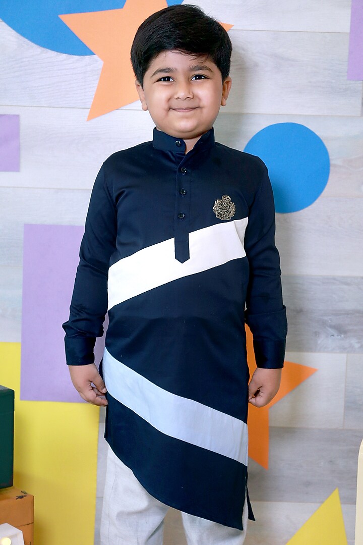 Navy Blue Kurta Set With Motifs For Boys by Little Boys Closet at Pernia's Pop Up Shop