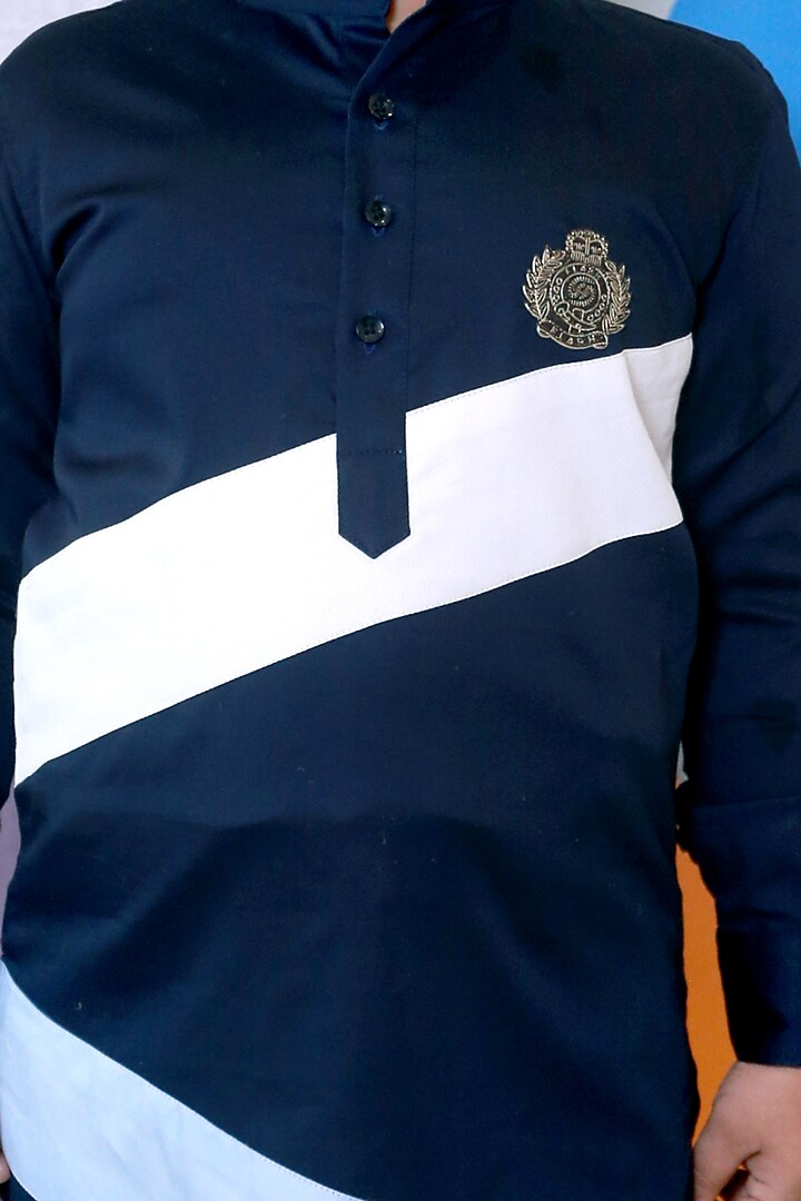 Navy Blue Kurta Set With Motifs For Boys by Little Boys Closet at Pernia's Pop Up Shop