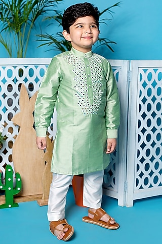 Mint Green Kurta Set With Mirror Work For Boys by Little Boys Closet