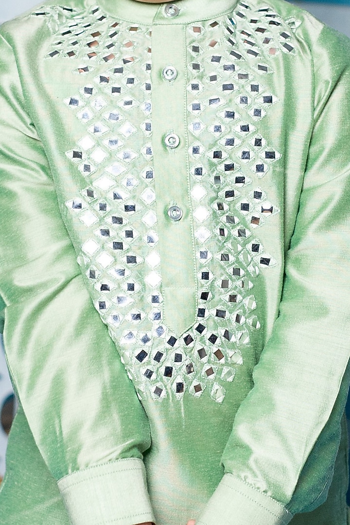 Mint Green Kurta Set With Mirror Work For Boys by Little Boys Closet at Pernia's Pop Up Shop