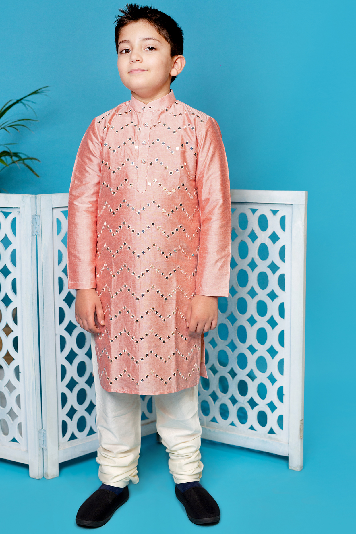 Pink Kurta Set With Jaal Work For Boys by Little Boys Closet at Pernia's Pop Up Shop