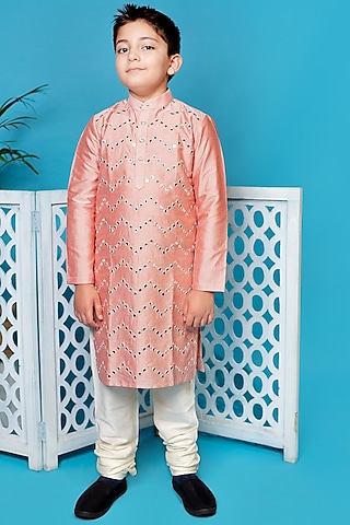 Pink Kurta Set With Jaal Work For Boys by Little Boys Closet