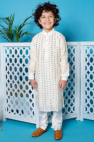 Ivory Kurta Set With Mirror Work For Boys by Little Boys Closet