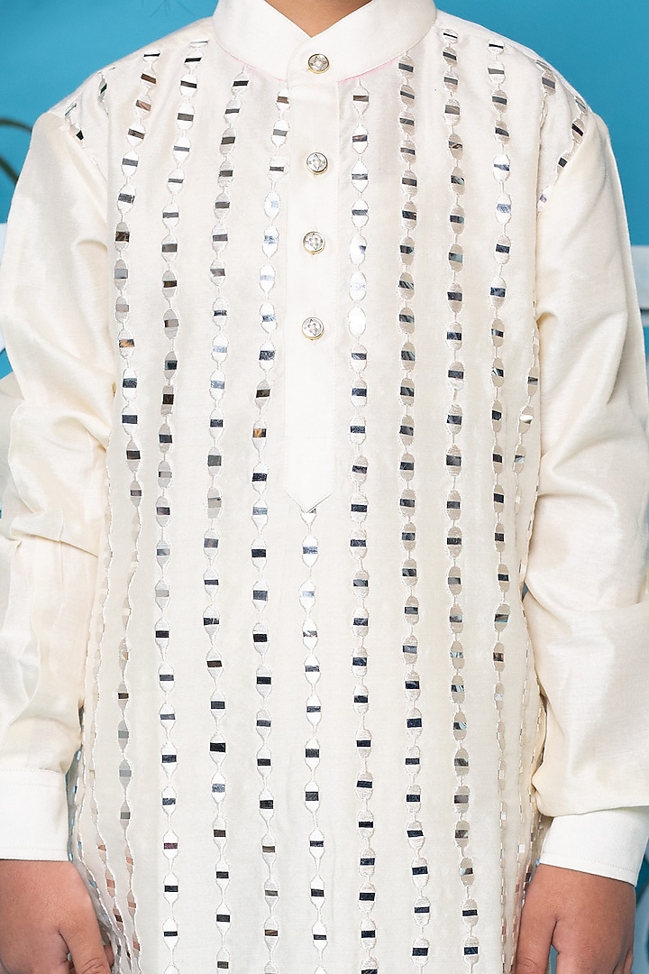 Ivory Kurta Set With Mirror Work For Boys by Little Boys Closet at Pernia's Pop Up Shop