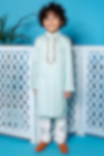 Mint Green Floral Embroidered Kurta Set For Boys by Little Boys Closet