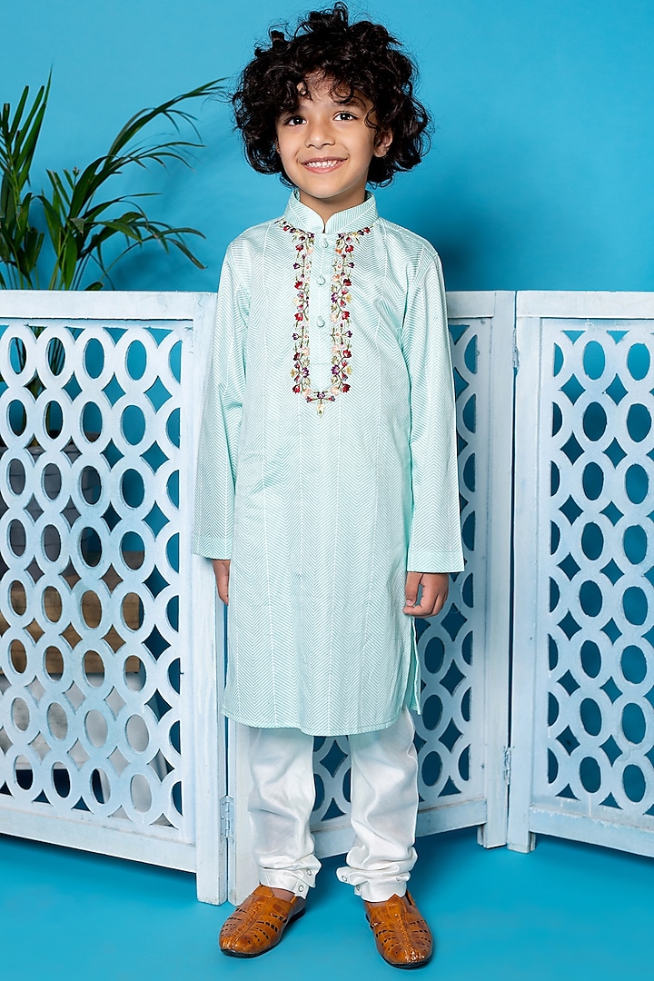 Mint Green Floral Embroidered Kurta Set For Boys by Little Boys Closet