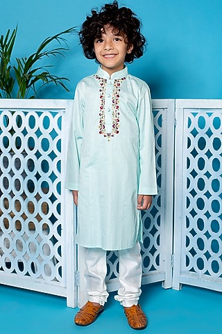 Mint Green Floral Embroidered Kurta Set For Boys by Little Boys Closet
