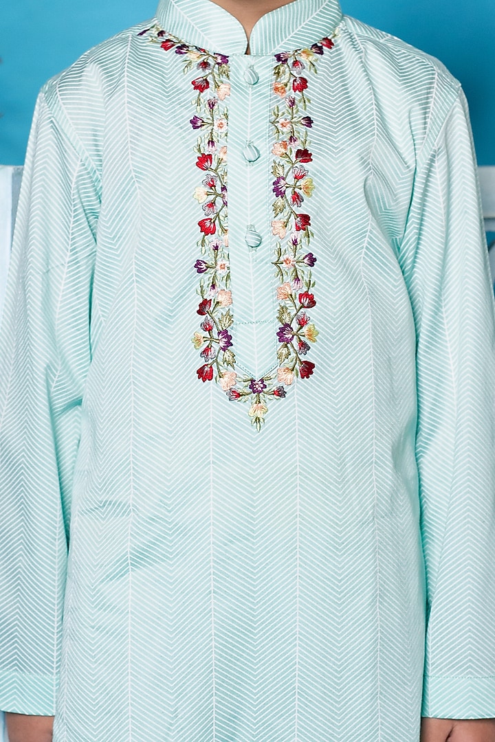 Mint Green Floral Embroidered Kurta Set For Boys by Little Boys Closet at Pernia's Pop Up Shop