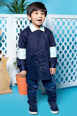 Navy Blue Car Printed Shirt For Boys by Little Boys Closet