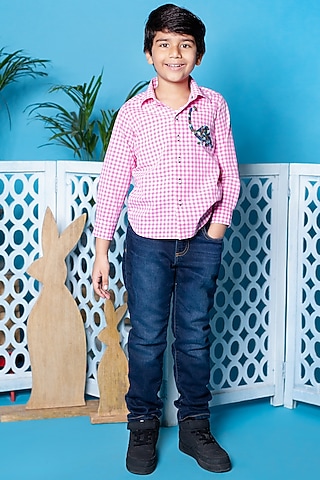 Pink Dinosaur Thread Embroidered Shirt For Boys by Little Boys Closet