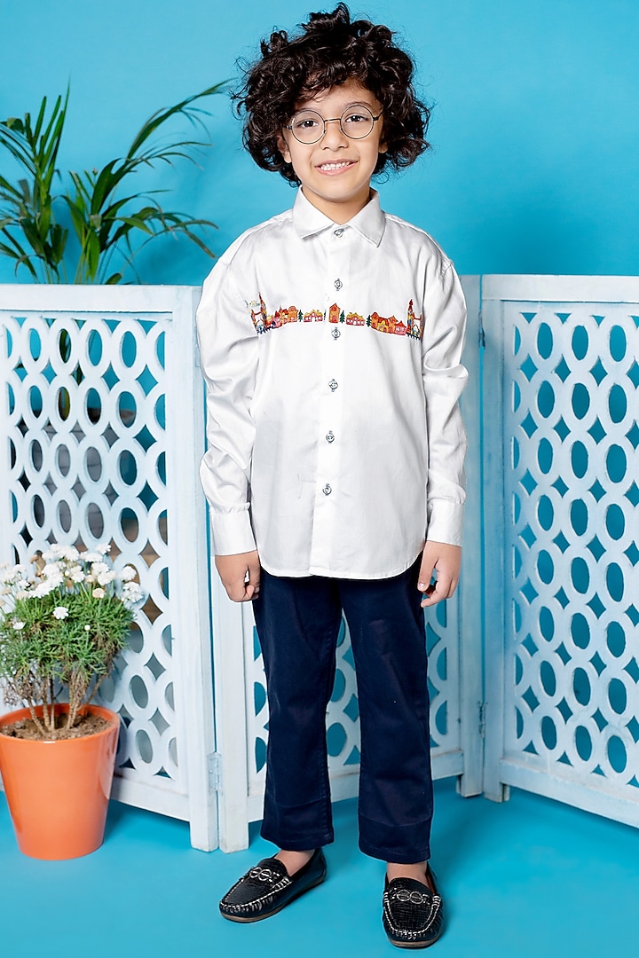 White Thread Embroidered Shirt For Boys by Little Boys Closet