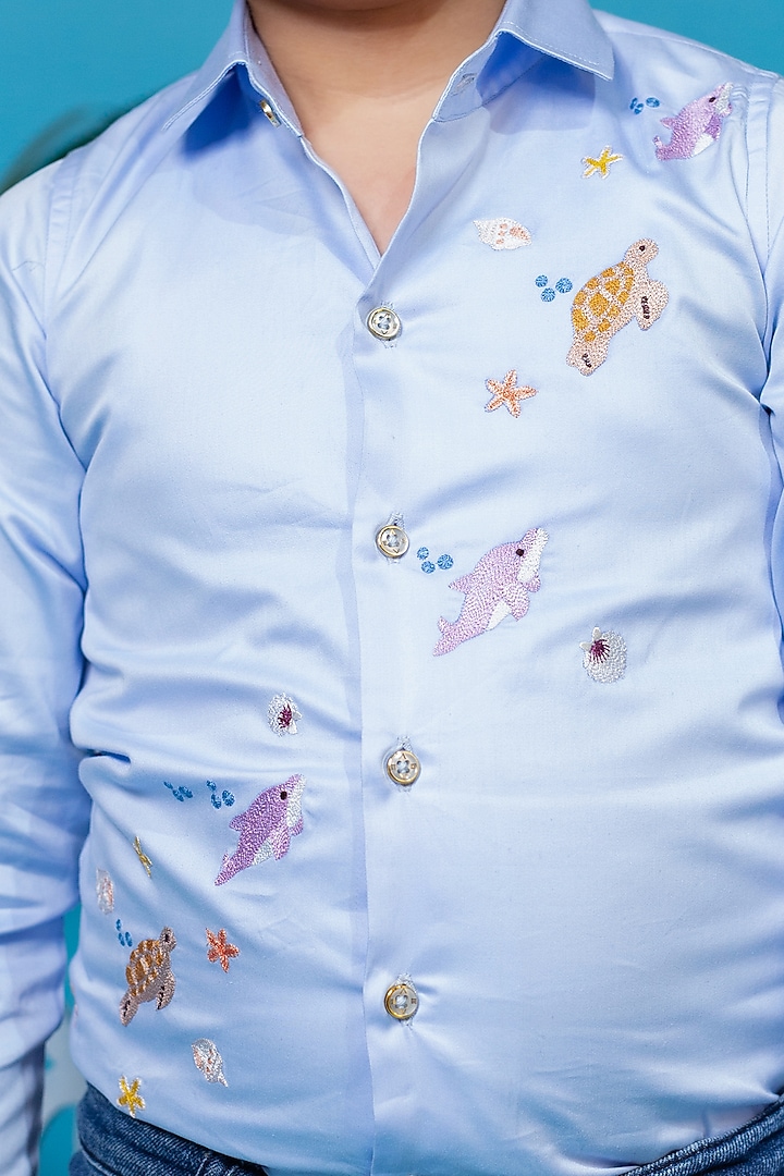 Sky Blue Embroidered Shirt For Boys by Little Boys Closet at Pernia's Pop Up Shop