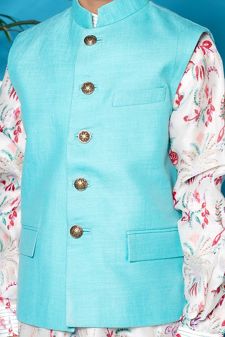 Mint Green Nehru Jacket With Kurta Set For Boys by Little Boys Closet at Pernia's Pop Up Shop