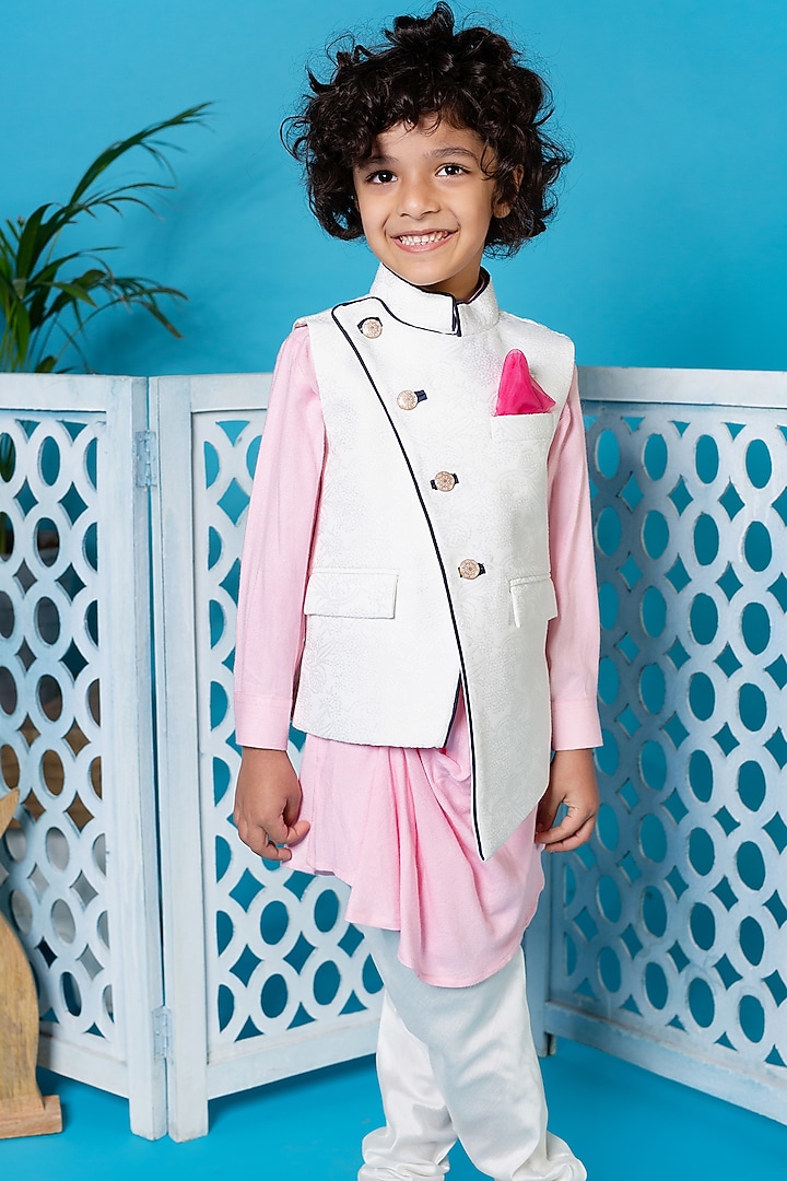 Baby Pink Kurta Set With Waistcoat For Boys by Little Boys Closet at Pernia's Pop Up Shop