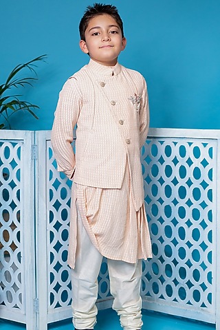 Peach Draped Kurta Set With Waistcoat For Boys by Little Boys Closet