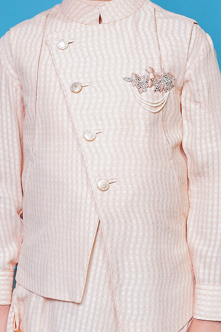 Peach Draped Kurta Set With Waistcoat For Boys by Little Boys Closet at Pernia's Pop Up Shop