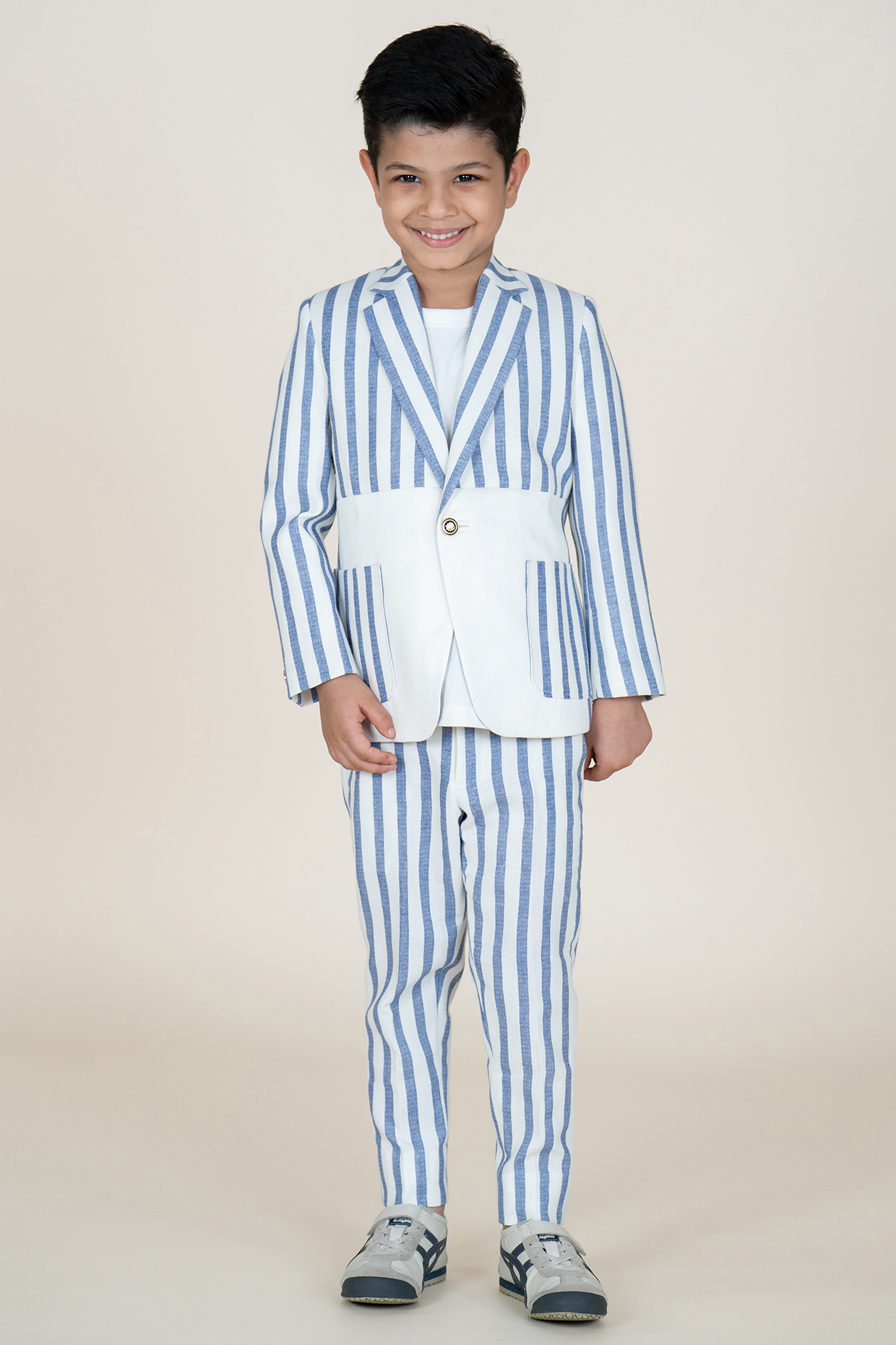 Blue & White Linen Suiting Striped Color-Blocked Printed Blazer Set For Boys by Little Boys Closet