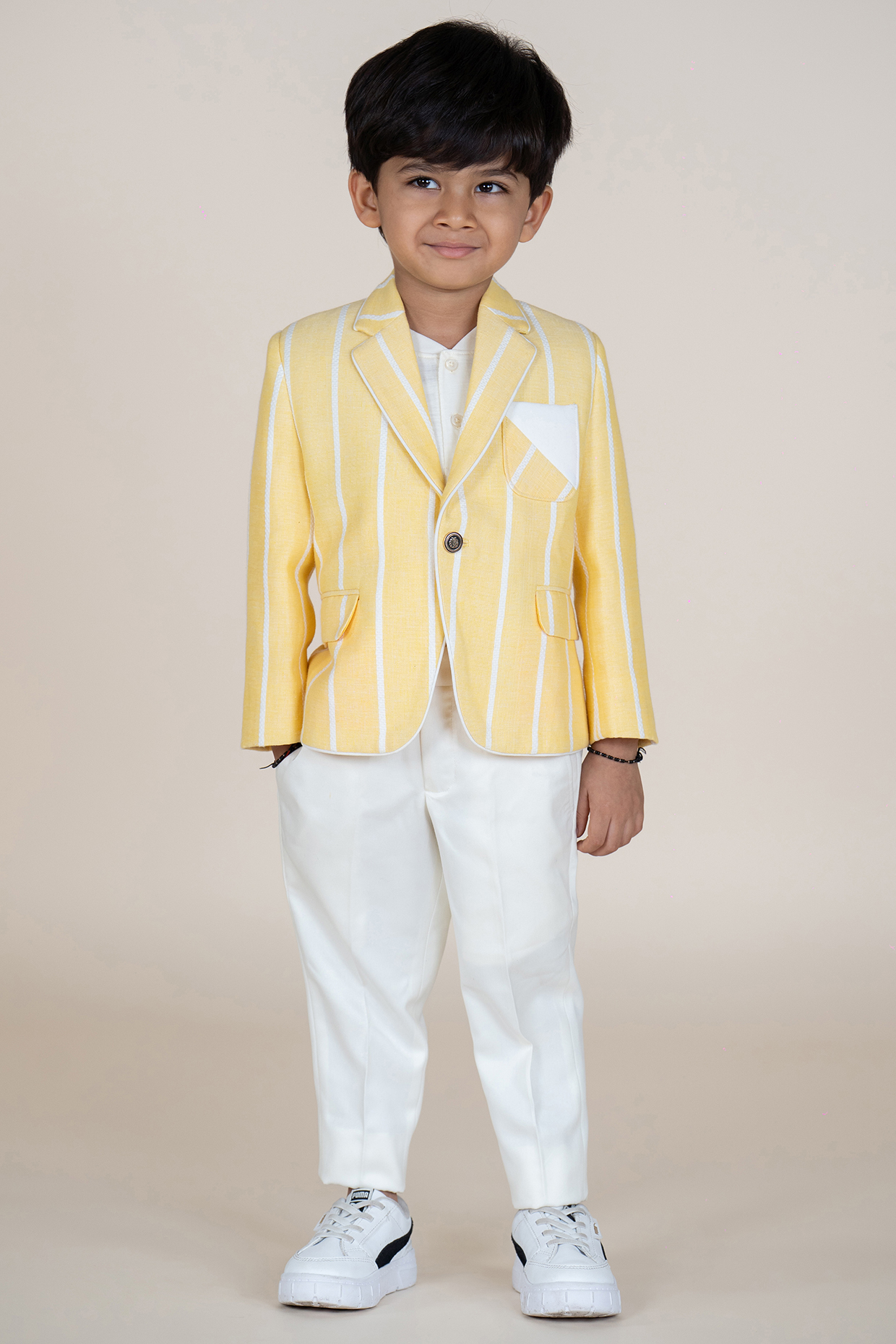 Yellow & White Linen Suiting Striped Printed Blazer Set For Boys by Little Boys Closet