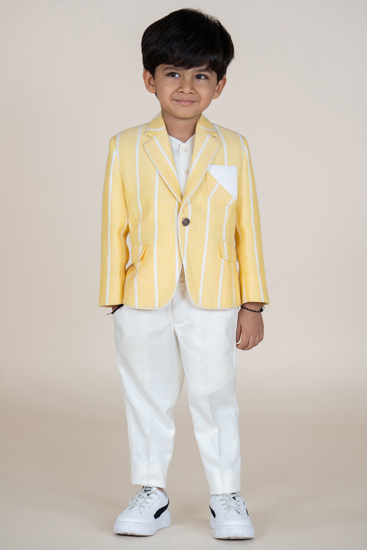 Yellow White Linen Suiting Striped Printed Blazer Set For Boys by Little  Boys Closet at Pernia's Pop Up Shop