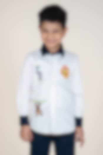 White & Navy Blue Cotton Satin Embroidered Shirt For Boys by Little Boys Closet at Pernia's Pop Up Shop