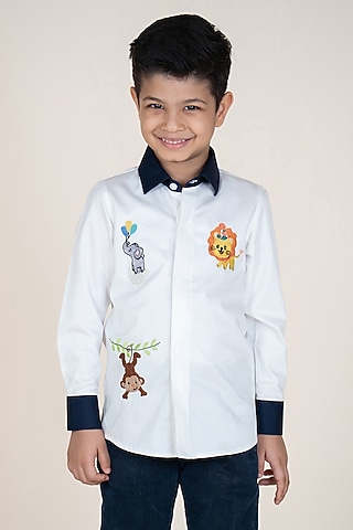 White & Navy Blue Cotton Satin Embroidered Shirt For Boys by Little Boys Closet