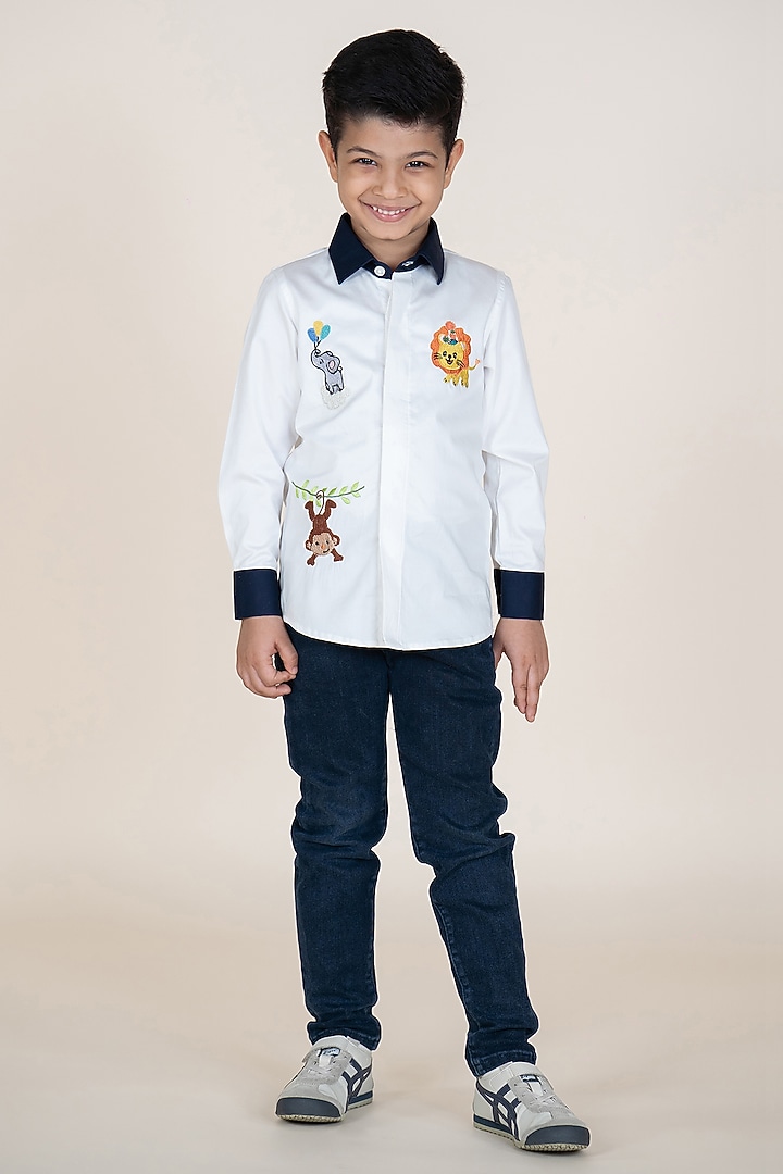 White & Navy Blue Cotton Satin Embroidered Shirt For Boys by Little Boys Closet at Pernia's Pop Up Shop