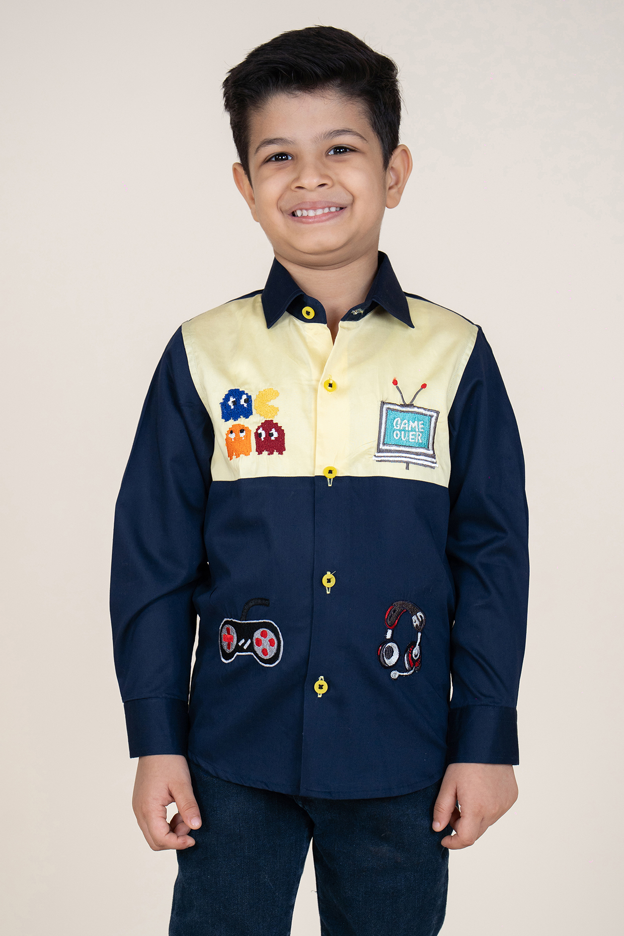 Lemon Yellow & Navy Blue Cotton Satin Embroidered Shirt For Boys by Little Boys Closet