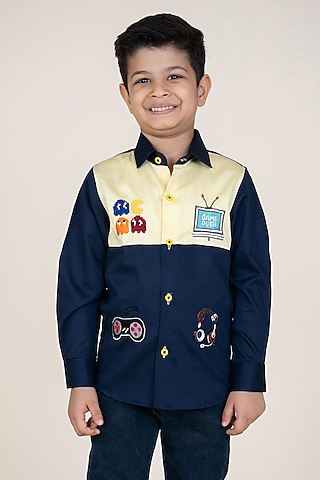 Lemon Yellow & Navy Blue Cotton Satin Embroidered Shirt For Boys by Little Boys Closet
