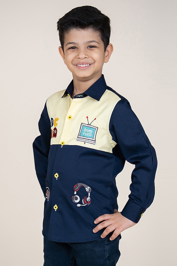 Lemon Yellow & Navy Blue Cotton Satin Embroidered Shirt For Boys by Little Boys Closet at Pernia's Pop Up Shop