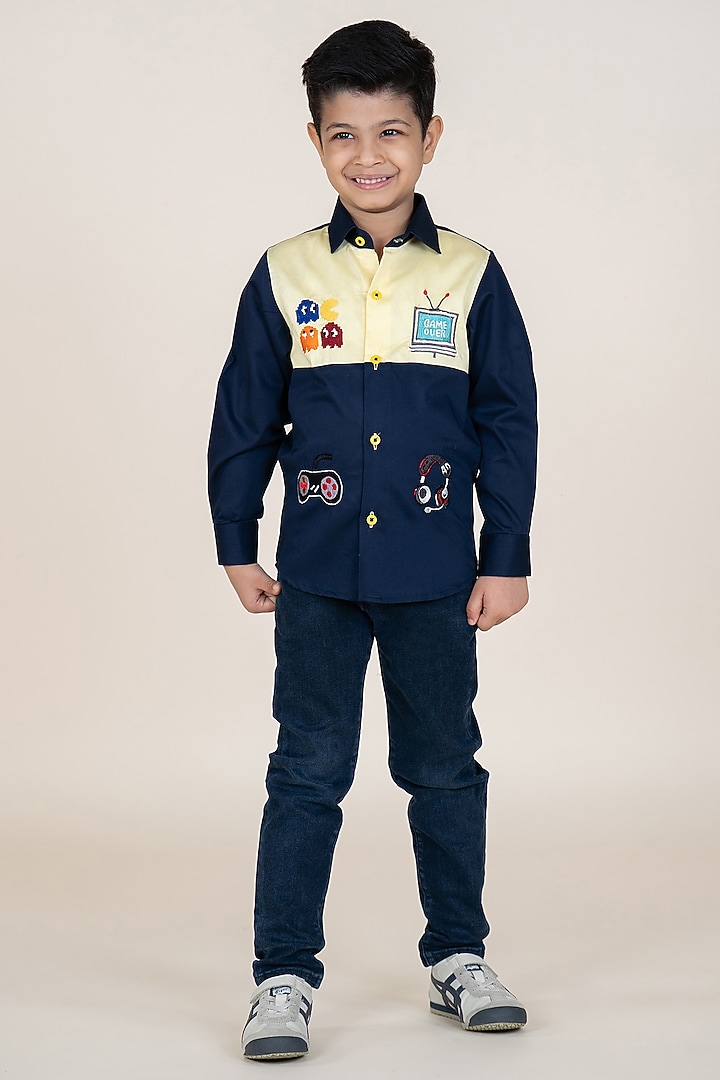 Lemon Yellow & Navy Blue Cotton Satin Embroidered Shirt For Boys by Little Boys Closet at Pernia's Pop Up Shop