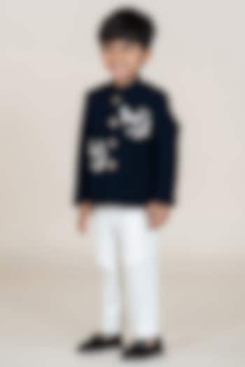 Black Polyester Suiting & Sandwash Bandhgala Set For Boys by Little Boys Closet