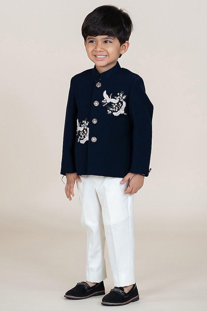 Black Polyester Suiting & Sandwash Bandhgala Set For Boys by Little Boys Closet